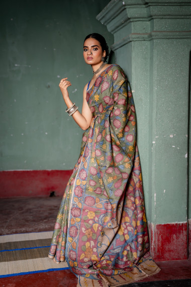 Green Color Floral & Figure Motif Organic Dye Kalamkari Saree - BBS40